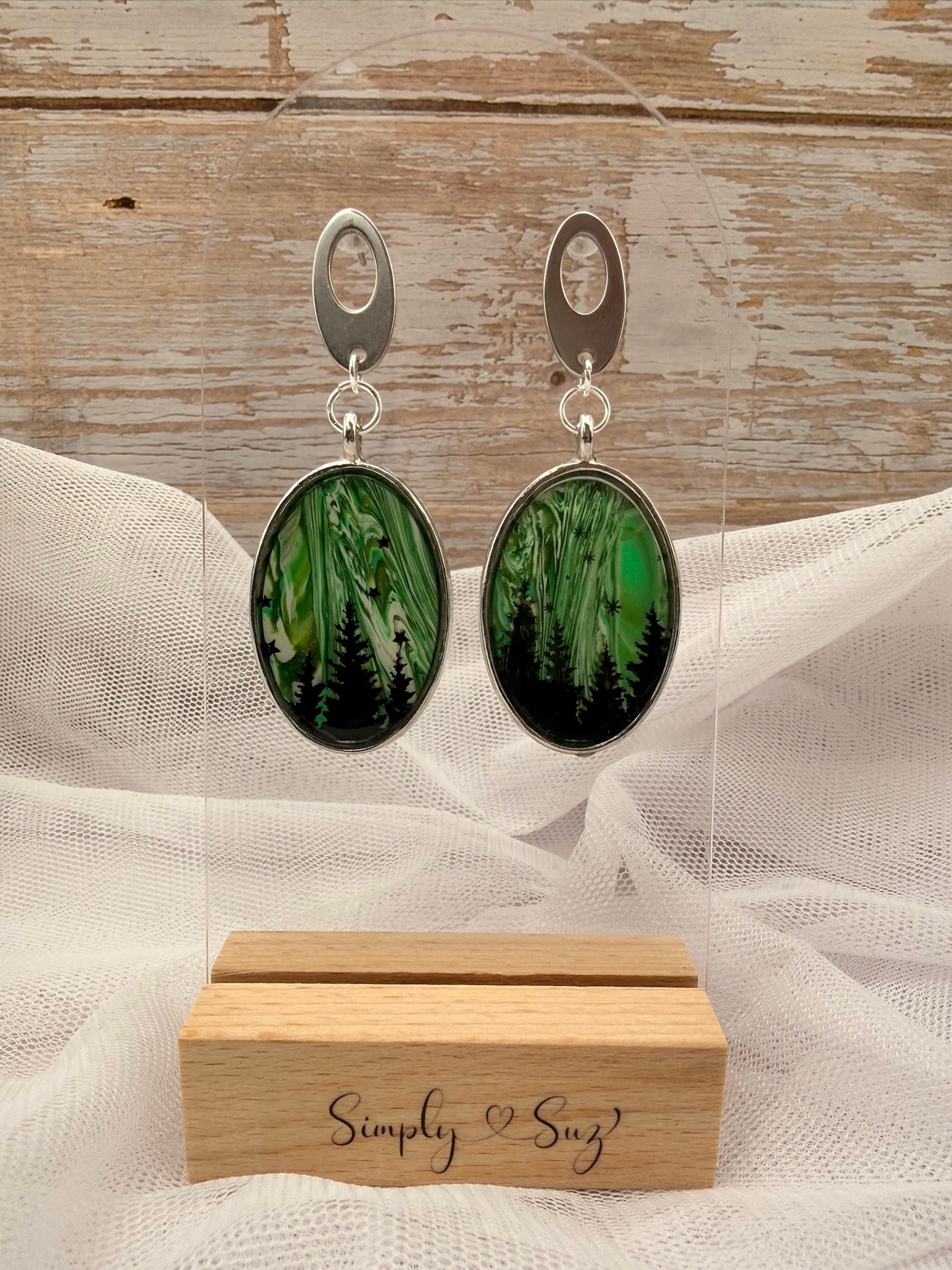 Northern Lights Forest Oval Silver Frame Dangle Earrings