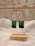 Northern Lights Forest Rectangle Silver Diamond Dangle Earrings