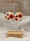 Red Floral Cane Scalloped Round Gold Stud Dangle Earrings