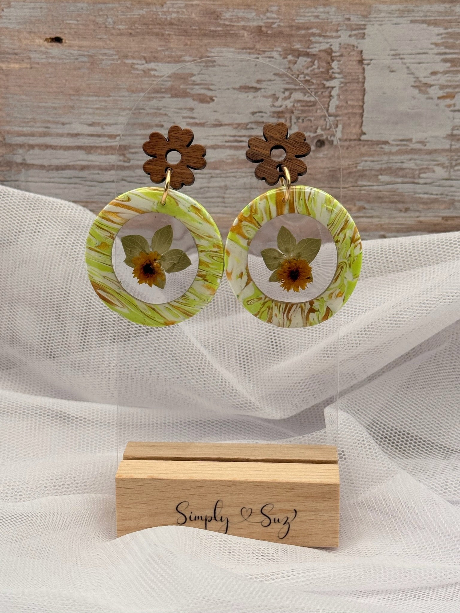 Sunflower Resin Donut Wood Flower Stud Dangle Earrings