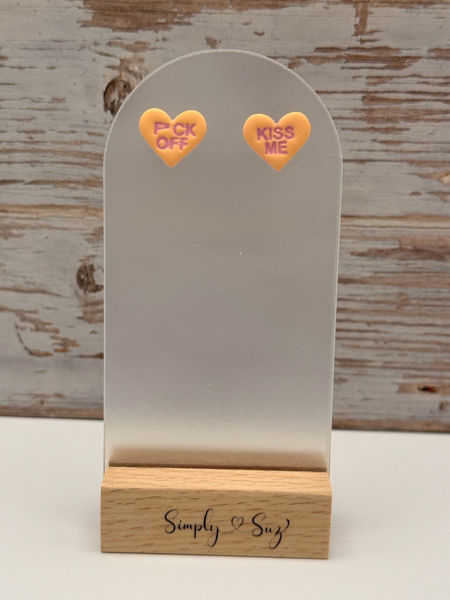 Sassy Orange Conversation Heart Studs - F*ck Off & Kiss Me