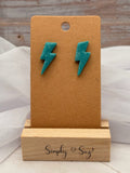 Teal Glitter Lightning Bolt Stud Earrings
