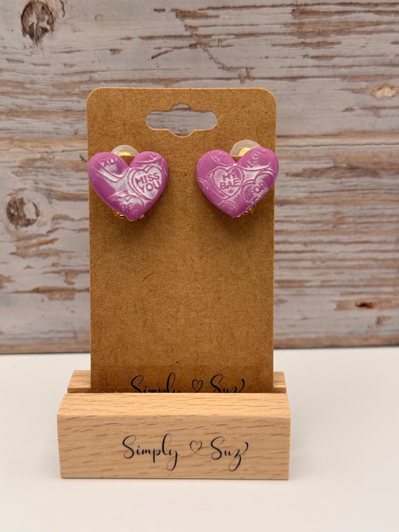 Pink Conversation Heart Studs - Miss You & My Bae