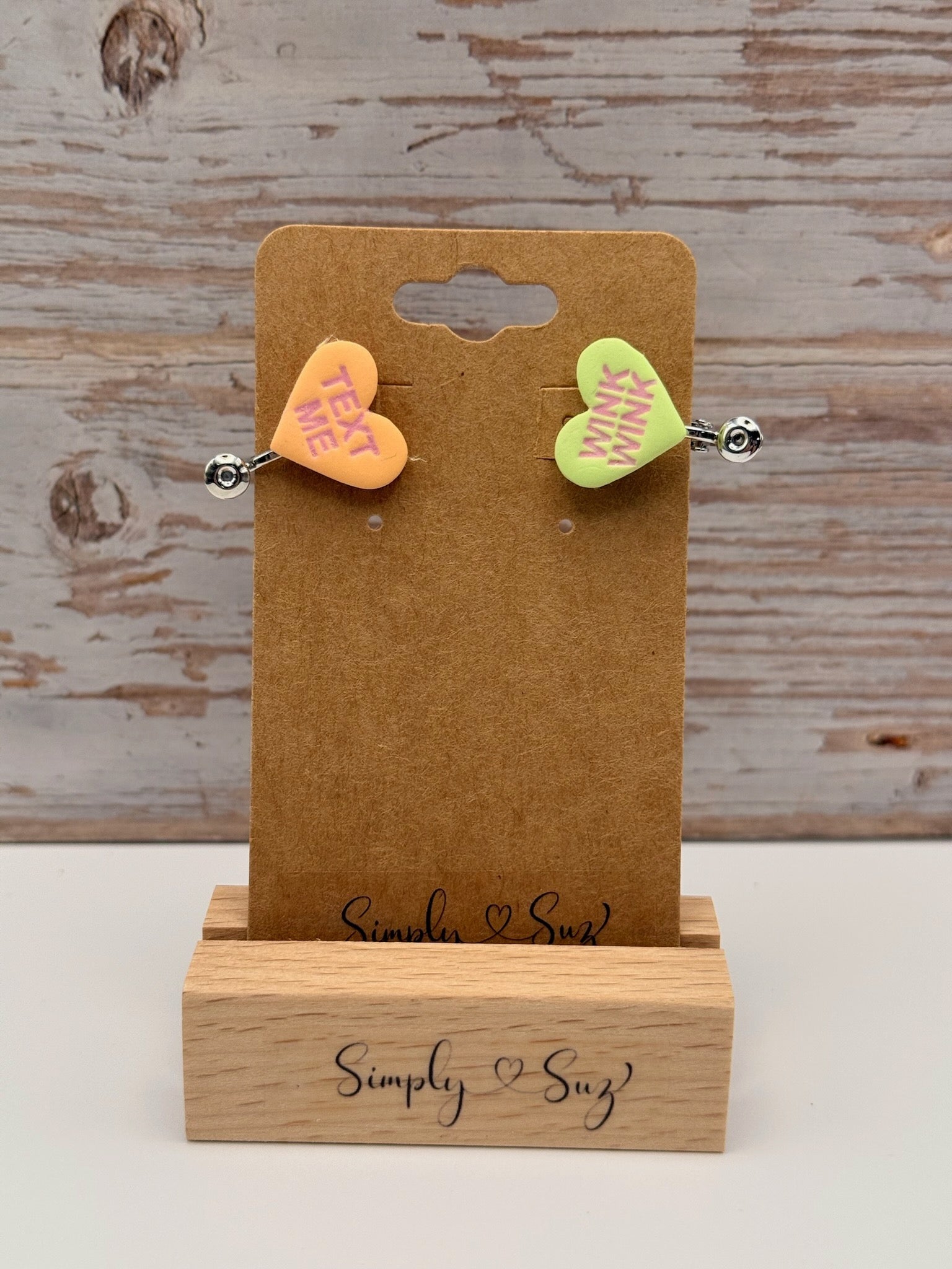 Conversation Heart Clip-On Earrings - Text Me & Wink Wink