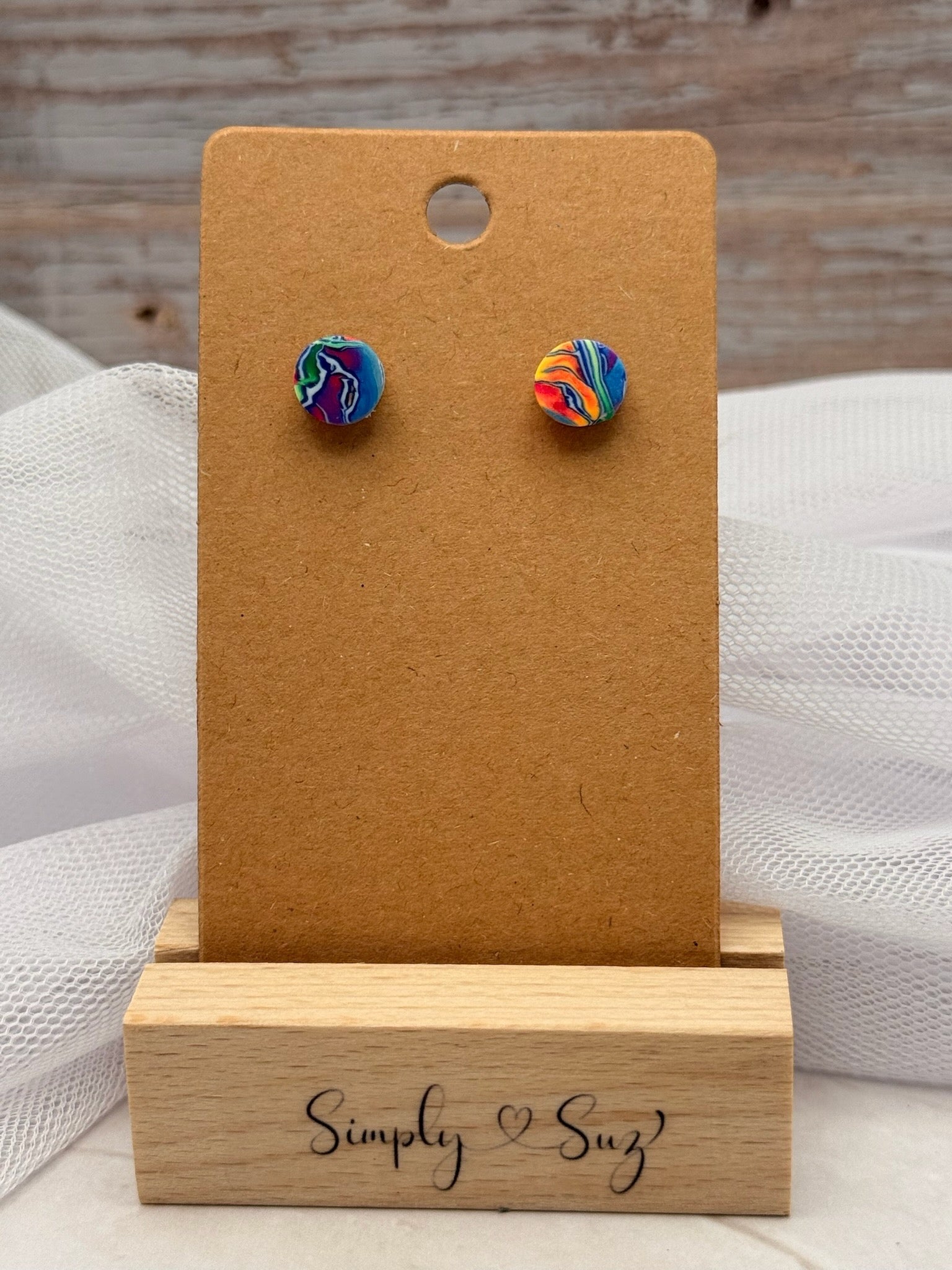Rainbow Marble Swirl Round Stud Earrings