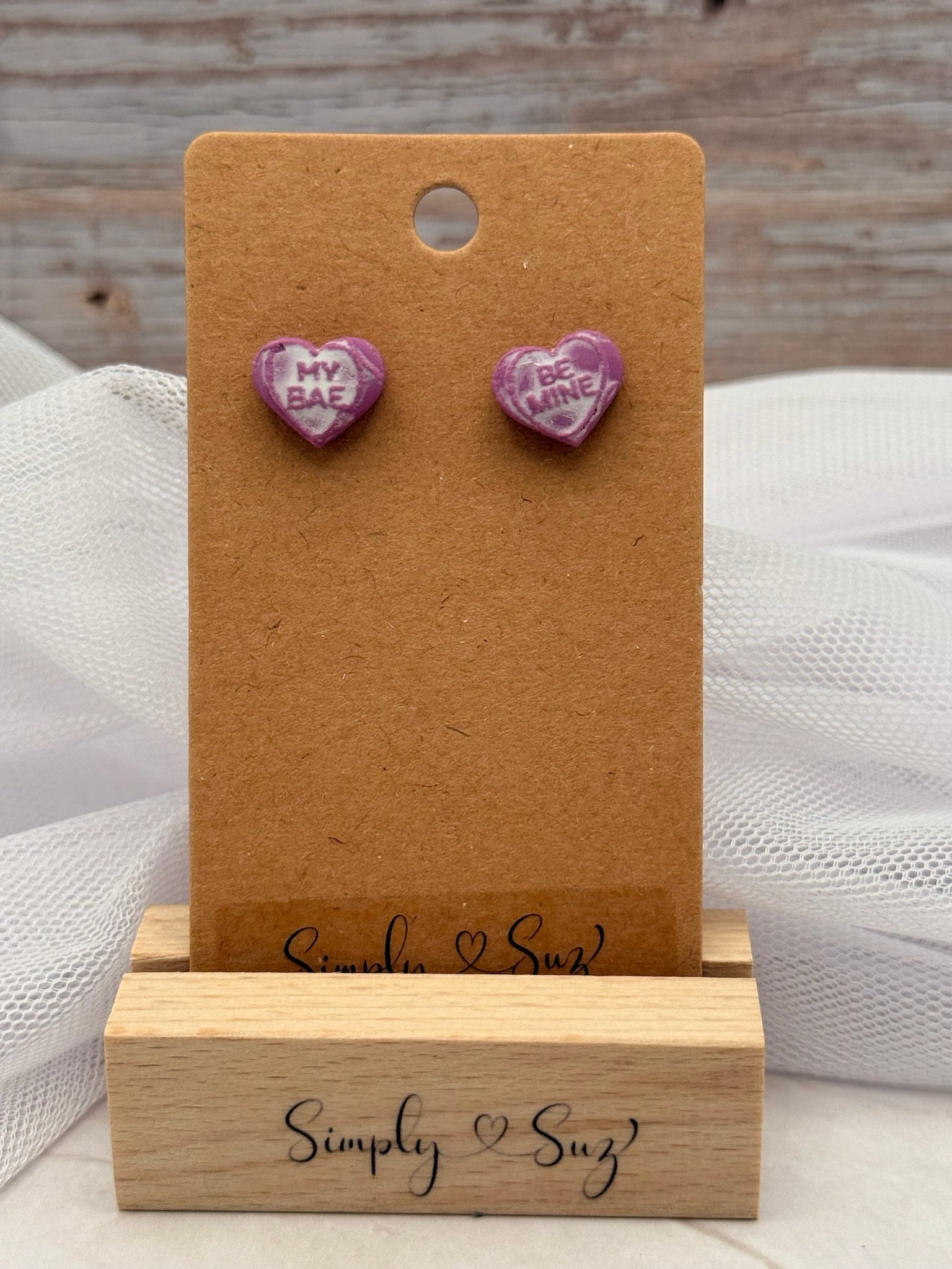 Purple Conversation Heart Studs - My Bae & Be Mine