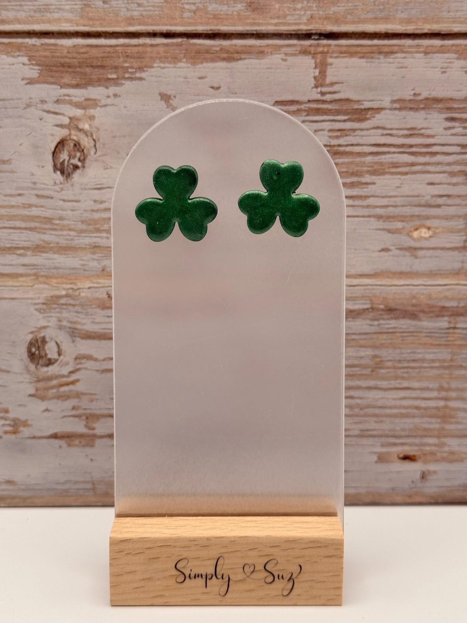 Dark Green Shimmer Shamrock Stud Earrings