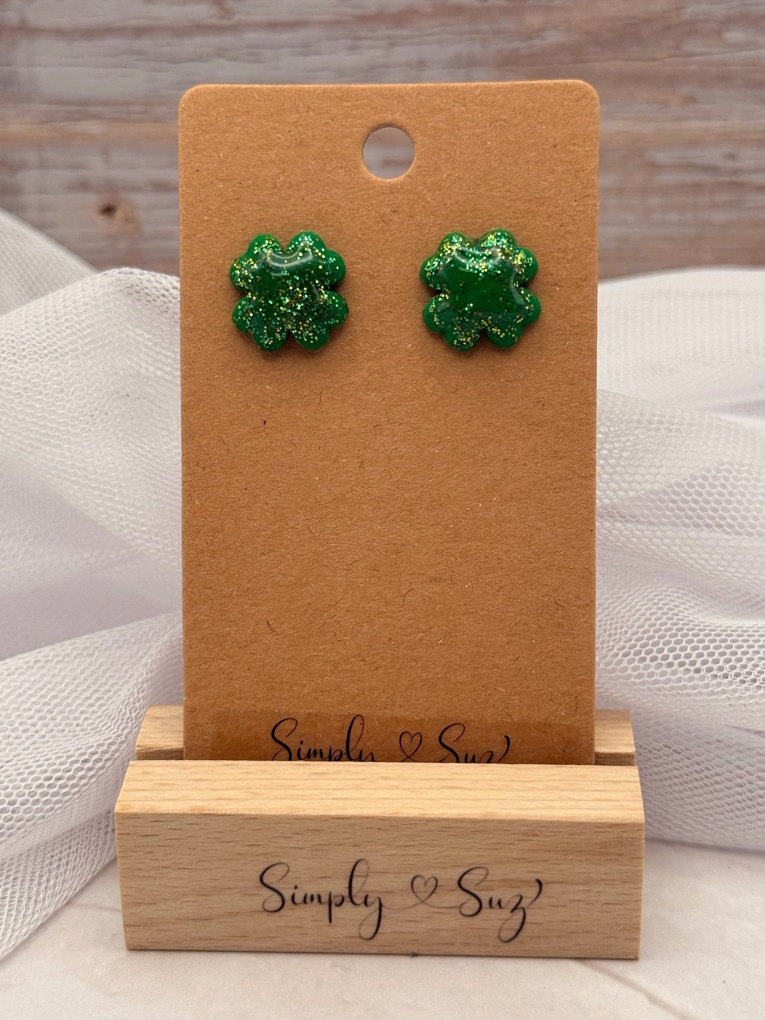 Green Glitter Four-Leaf Clover Stud Earrings