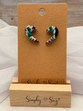 Green & Pink Marble Crescent Moon Stud Earrings