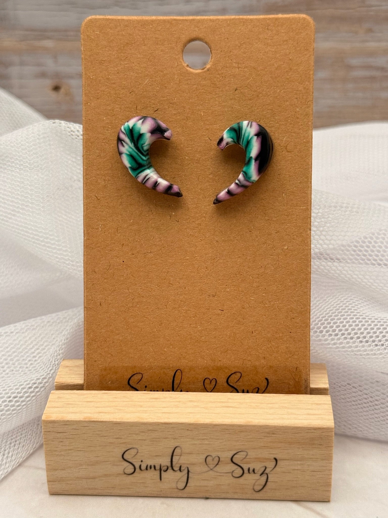 Green & Pink Marble Crescent Moon Stud Earrings