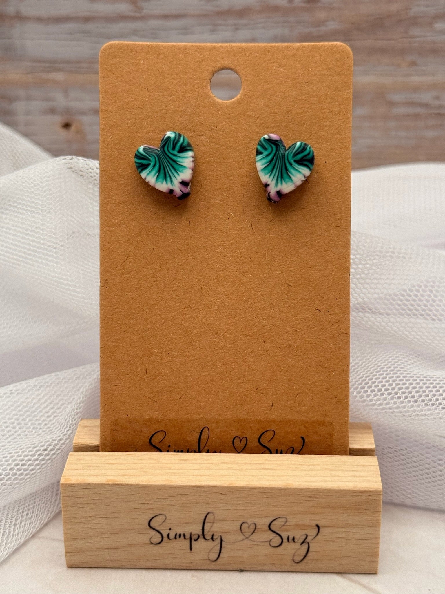 Green Marble Swirl Heart Stud Earrings