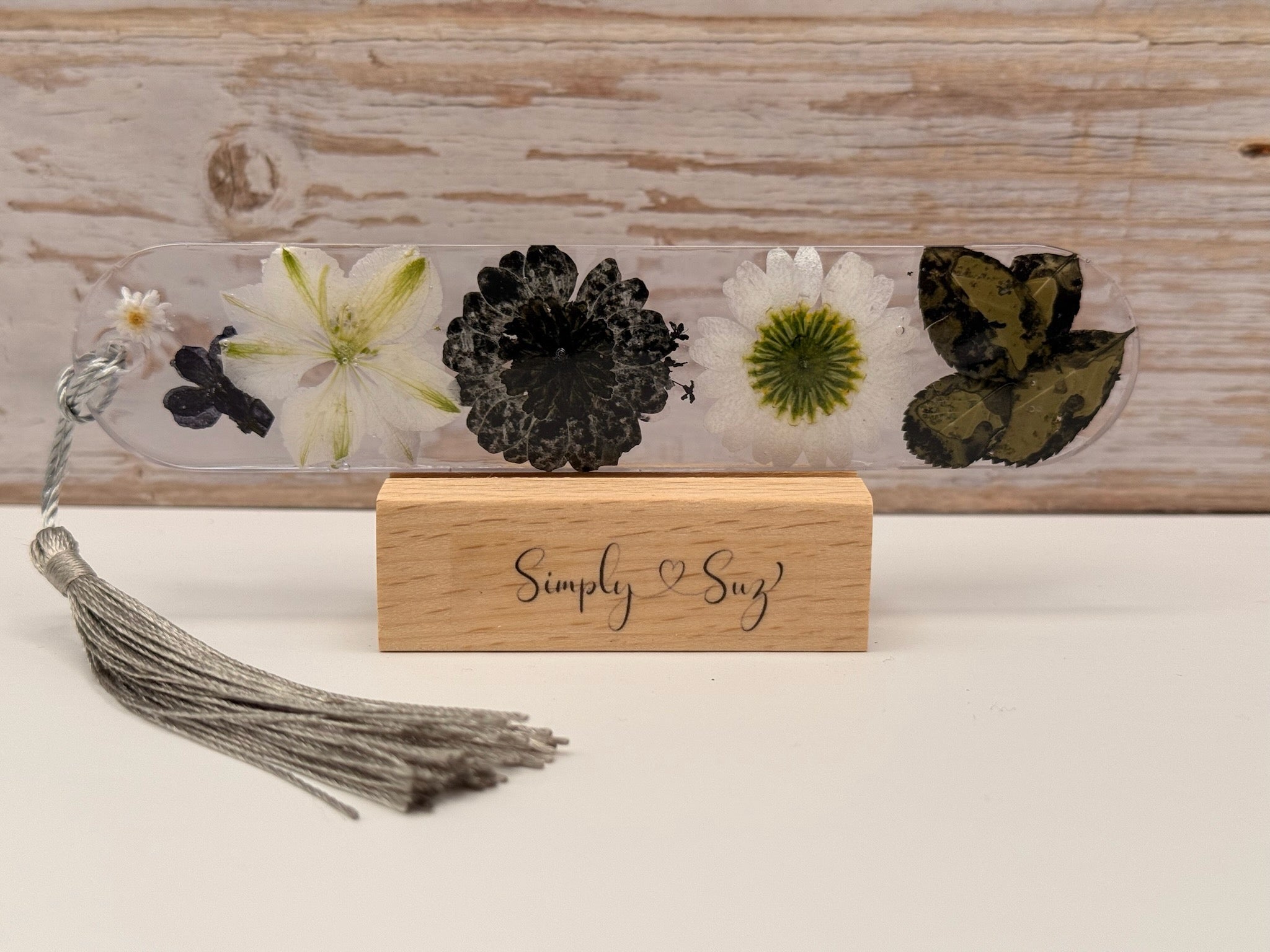 Black and White Botanical Pressed Flower Resin Bookmark