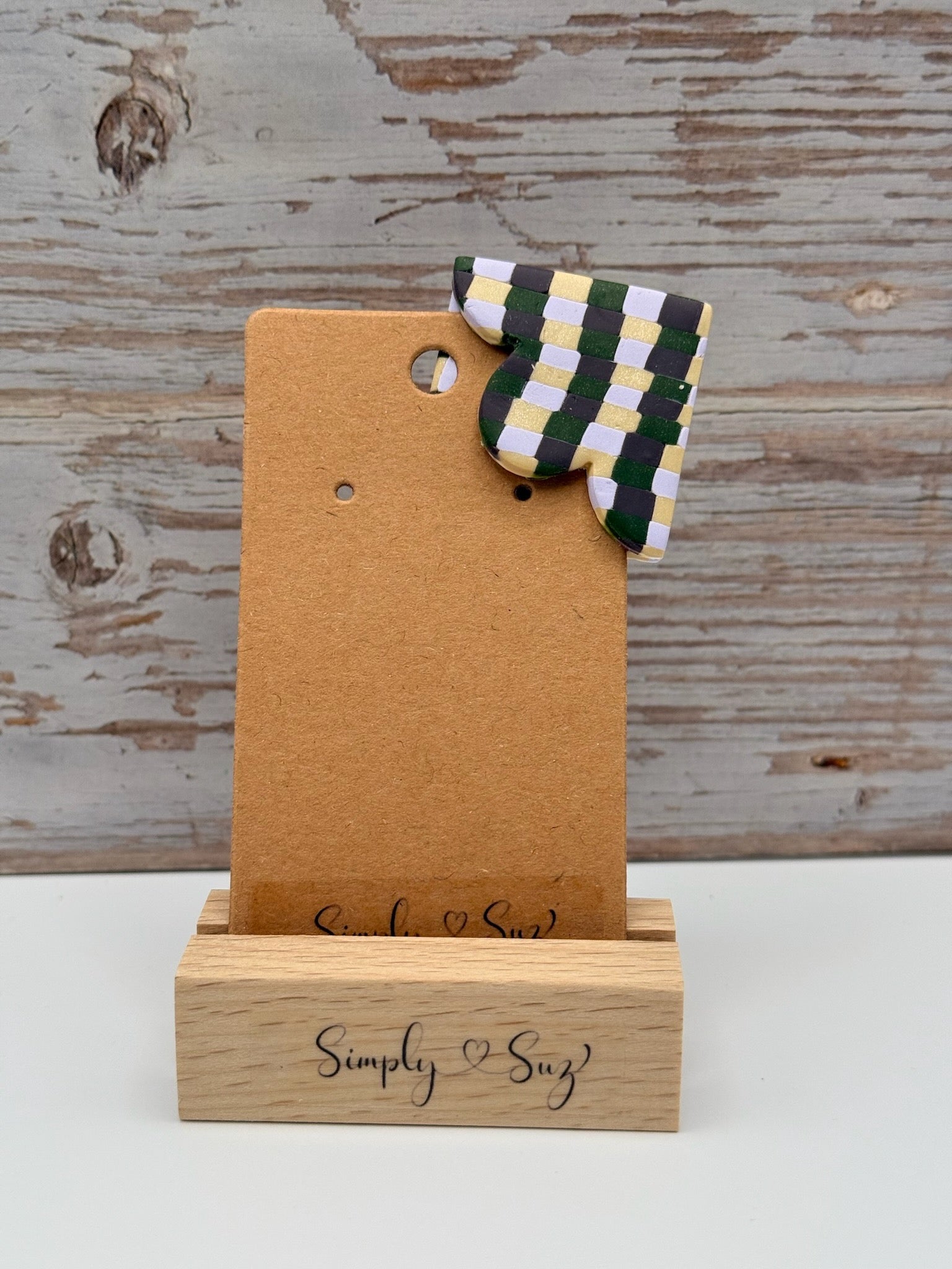Green Checkered Heart Clay Clip