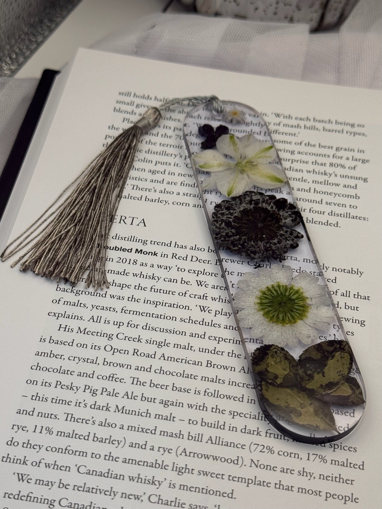 Black and White Pressed Flower Resin Bookmark
