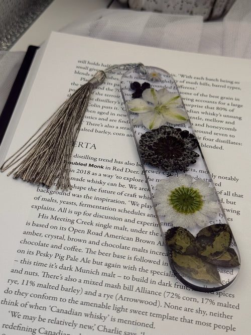 Black and White Pressed Flower Resin Bookmark