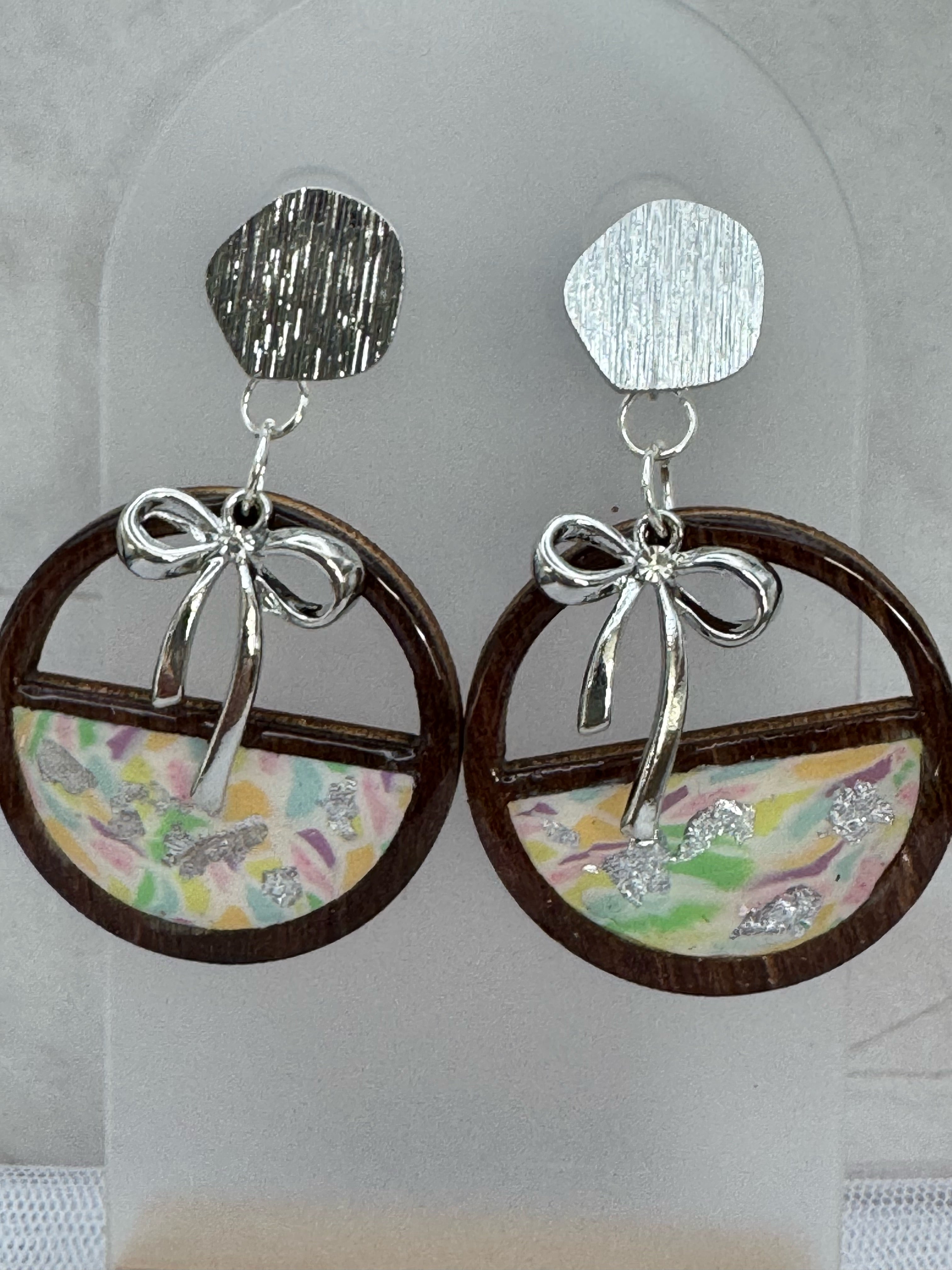 Pastel Mosaic Bow Circle Earrings